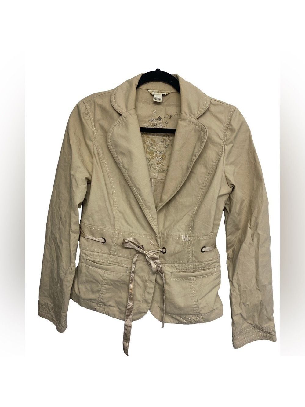 White House Black Market Tan Cotton Utility Blazer Jacket w/ Ribbon Tie - Size 8